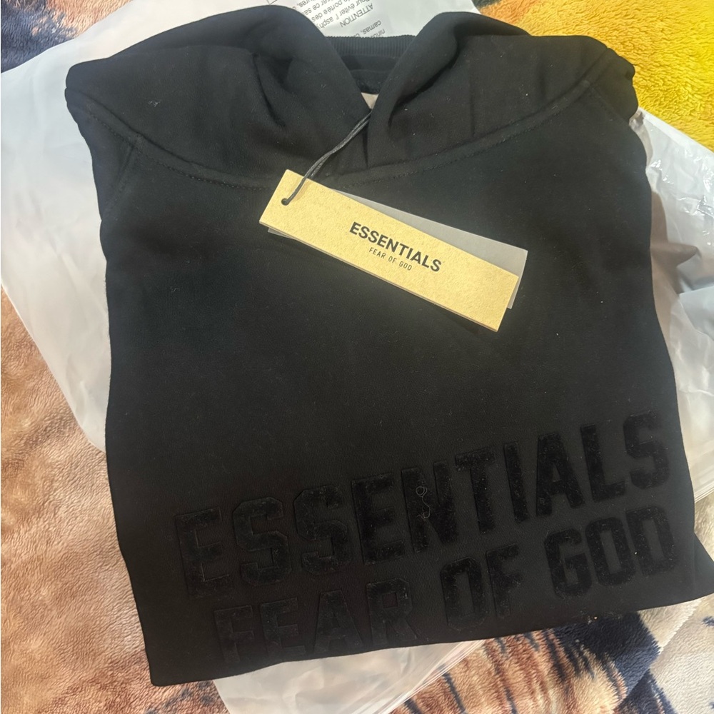 Essentials Black Embossed Logo Hoodie